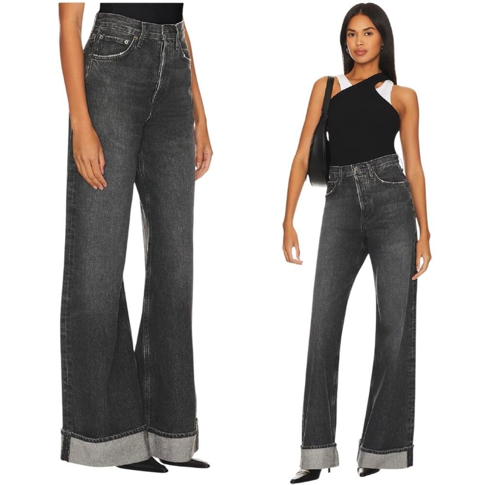 Agolde Women's Wide Leg Flared Jeans in Washed Black